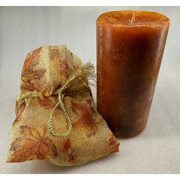 Autumn Themed Decorative 6" Pillar Candle w Leaf-Print Fabric Bag Gold Rope Tie - Picture 1 of 2